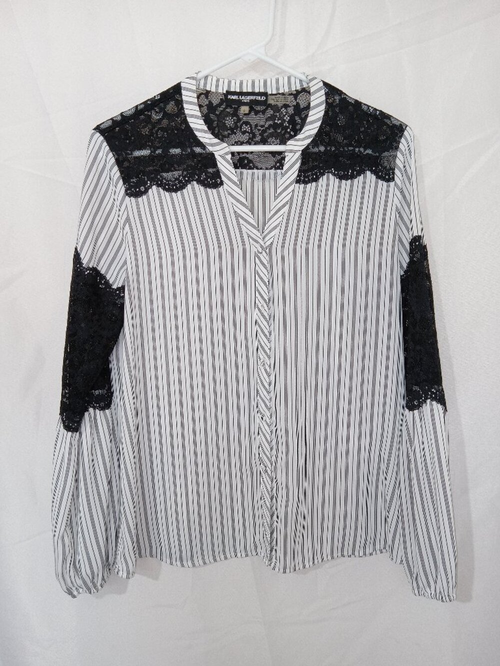 Karl Lagerfeld Paris Lace Blouse Womens S Black White Striped Office Chic Lovely